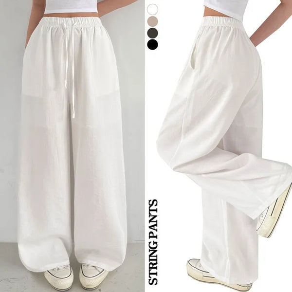 High-Waist Elastic Summer Wide Pants Cool Pocket Lower Body Cover Long Wide Pants Flowy Fit Ice Training Pants
