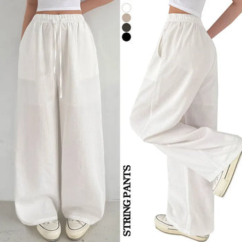 High-Waist Elastic Summer Wide Pants Cool Pocket Lower Body Cover Long Wide Pants Flowy Fit Ice Training Pants