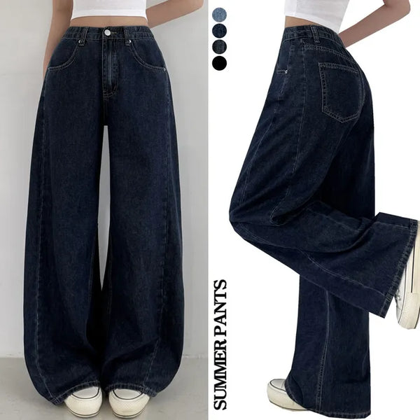 Summer Pants High-waisted Hidden Elastic Waist Summer Washed Wide Pocket Denim Pants Side Slit Lower Body Cover Cool Ice Flowy Jeans