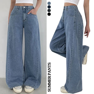 Summer Pants High-waisted Hidden Elastic Waist Summer Washed Wide Pocket Denim Pants Side Slit Lower Body Cover Cool Ice Flowy Jeans