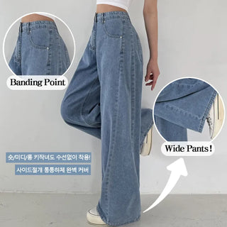 Summer Pants High-waisted Hidden Elastic Waist Summer Washed Wide Pocket Denim Pants Side Slit Lower Body Cover Cool Ice Flowy Jeans