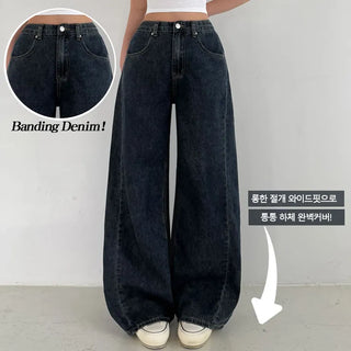 Summer Pants High-waisted Hidden Elastic Waist Summer Washed Wide Pocket Denim Pants Side Slit Lower Body Cover Cool Ice Flowy Jeans