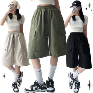 Cargo Pintuck Wide Bermuda Shorts Janeing Summer Cool Nylon Daily Pants