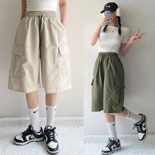 Cargo Pintuck Wide Bermuda Shorts Janeing Summer Cool Nylon Daily Pants