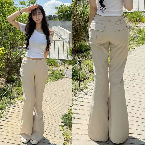 Cooling Hip Dip Cover/Back Pocket High-waisted Pocket Bootcut Pants Cool Ice Hidden Elastic Waist Long Body Shaping Pants