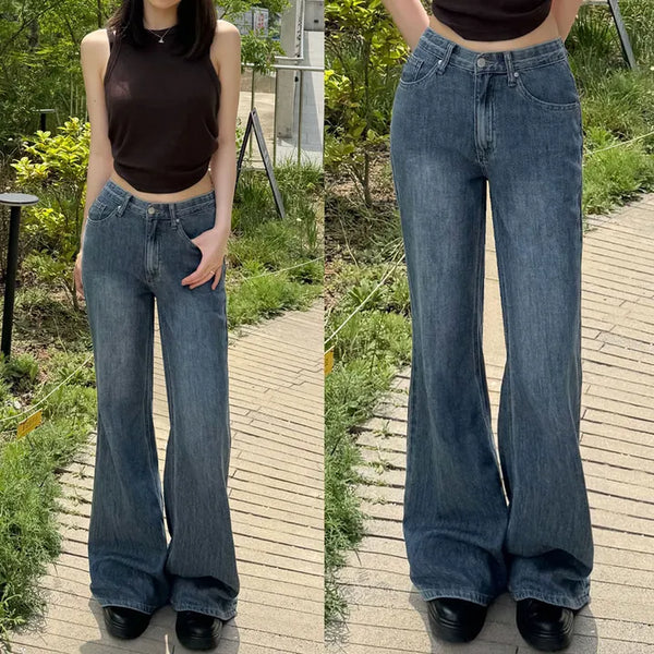 Cooling Wide Bootcut/Summer Denim Hidden Elastic Waist Semi-Bootcut Denim Pants Cool Ice Wash Pants Long Jeans