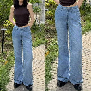 Cooling Wide Bootcut/Summer Denim Hidden Elastic Waist Semi-Bootcut Denim Pants Cool Ice Wash Pants Long Jeans