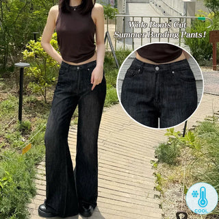 Cooling Wide Bootcut/Summer Denim Hidden Elastic Waist Semi-Bootcut Denim Pants Cool Ice Wash Pants Long Jeans