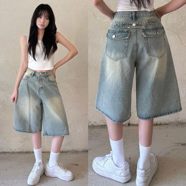 Back Pocket Folding Pintuck Back Pocket Tab Bermuda Denim Pants High-Waisted Washed Pintuck Wide Jeans Summer Knee-Length Pants Cool Ice Denim Shorts Bermuda Shorts