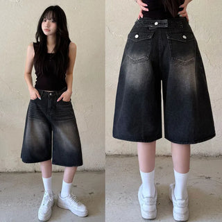 Back Pocket Folding Pintuck Back Pocket Tab Bermuda Denim Pants High-Waisted Washed Pintuck Wide Jeans Summer Knee-Length Pants Cool Ice Denim Shorts Bermuda Shorts