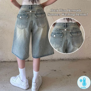 Back Pocket Folding Pintuck Back Pocket Tab Bermuda Denim Pants High-Waisted Washed Pintuck Wide Jeans Summer Knee-Length Pants Cool Ice Denim Shorts Bermuda Shorts