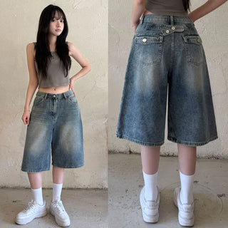 Back Pocket Folding Pintuck Back Pocket Tab Bermuda Denim Pants High-Waisted Washed Pintuck Wide Jeans Summer Knee-Length Pants Cool Ice Denim Shorts Bermuda Shorts