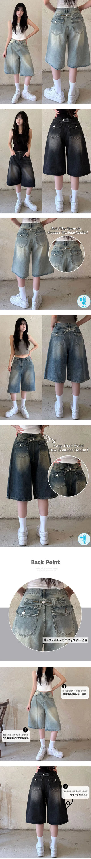 Back Pocket Folding Pintuck Back Pocket Tab Bermuda Denim Pants High-Waisted Washed Pintuck Wide Jeans Summer Knee-Length Pants Cool Ice Denim Shorts Bermuda Shorts