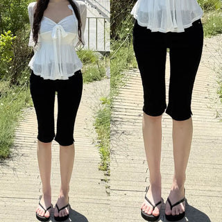 Short & Long Short Long Side Slit Stretch Capri Pants Summer Elastic Waist Hip Short Slit Slim Pants