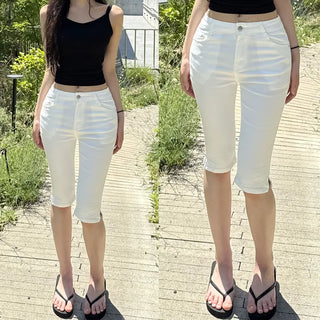 Short & Long Short Long Side Slit Stretch Capri Pants Summer Elastic Waist Hip Short Slit Slim Pants