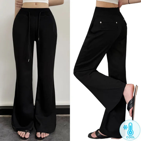 Cool Mesh Cinched Waist High-waisted Pocket Bootcut Pants Cool Ice Elastic Waist String Long Body Shape Pants