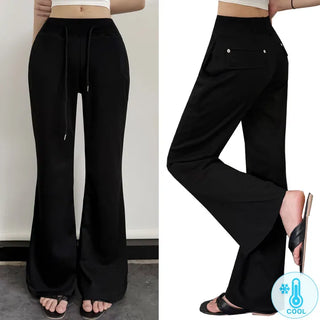 Cool Mesh Cinched Waist High-waisted Pocket Bootcut Pants Cool Ice Elastic Waist String Long Body Shape Pants