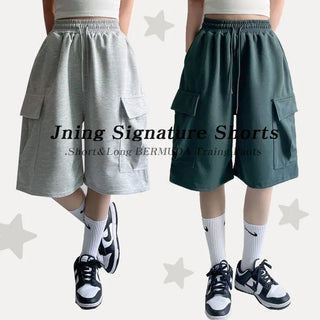 High-Waisted Pintuck Wide Cargo Bermuda Shorts Summer Elastic Waist Daily Pants