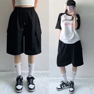 High-Waisted Pintuck Wide Cargo Bermuda Shorts Summer Elastic Waist Daily Pants