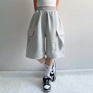 High-Waisted Pintuck Wide Cargo Bermuda Shorts Summer Elastic Waist Daily Pants