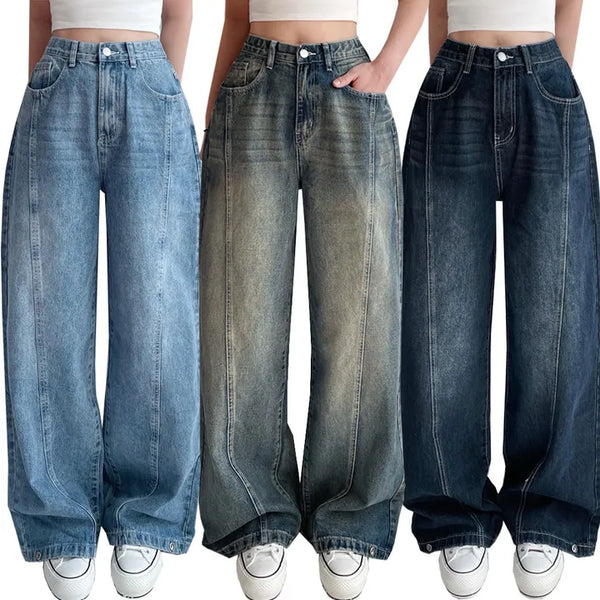 Catbrush Washed Cut-out Cotton Jeans Snap Button Wide Hidden Elastic Waist Autumn High-Waisted Denim Pants