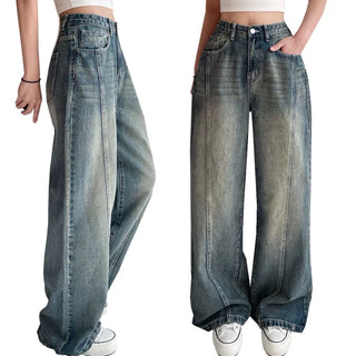 Catbrush Washed Cut-out Cotton Jeans Snap Button Wide Hidden Elastic Waist Autumn High-Waisted Denim Pants