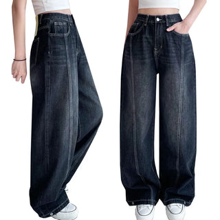Catbrush Washed Cut-out Cotton Jeans Snap Button Wide Hidden Elastic Waist Autumn High-Waisted Denim Pants