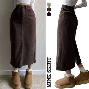 Back Slit  High-Waisted Corduroy Winter Fleece-lined Long Skirt Straight Fit Lower Body Cover Casual Non-Stretch H-Line Corduroy Skirt