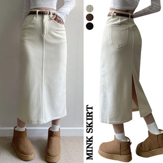 Back Slit  High-Waisted Corduroy Winter Fleece-lined Long Skirt Straight Fit Lower Body Cover Casual Non-Stretch H-Line Corduroy Skirt