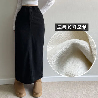Back Slit  High-Waisted Corduroy Winter Fleece-lined Long Skirt Straight Fit Lower Body Cover Casual Non-Stretch H-Line Corduroy Skirt