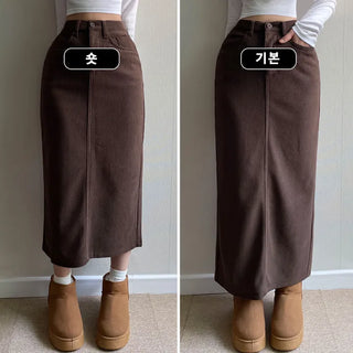 Back Slit  High-Waisted Corduroy Winter Fleece-lined Long Skirt Straight Fit Lower Body Cover Casual Non-Stretch H-Line Corduroy Skirt
