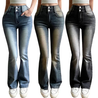 Hip Volume Catbrush Washed Two-Button Stretch Jeans High-Waisted Vintage Denim Bootcut Pants