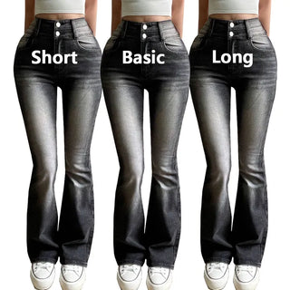 Hip Volume Catbrush Washed Two-Button Stretch Jeans High-Waisted Vintage Denim Bootcut Pants