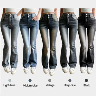 Hip Volume Catbrush Washed Two-Button Stretch Jeans High-Waisted Vintage Denim Bootcut Pants