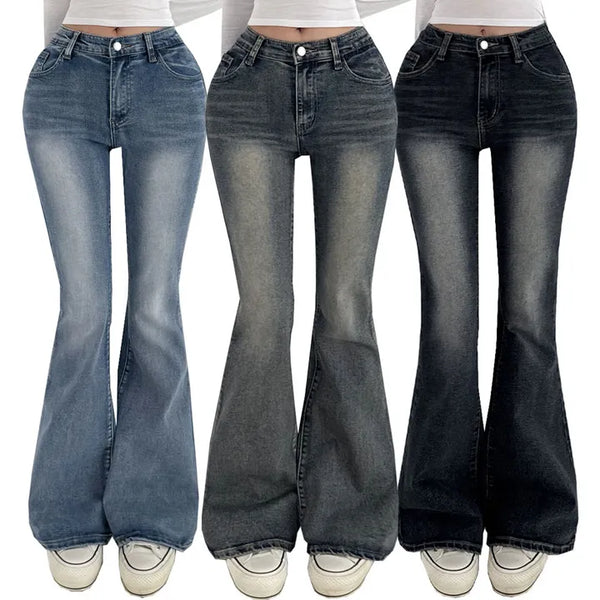 Semi-Low Rise Bootcut Long Vintage Washed Denim Pants Spring Hip-Padded Jeans