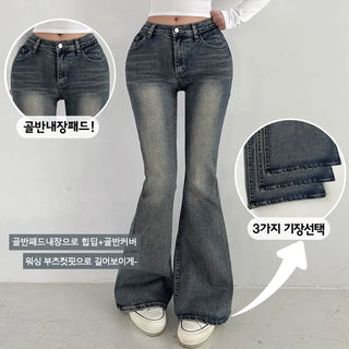 Semi-Low Rise Bootcut Long Vintage Washed Denim Pants Spring Hip-Padded Jeans