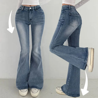 Semi-Low Rise Bootcut Long Vintage Washed Denim Pants Spring Hip-Padded Jeans