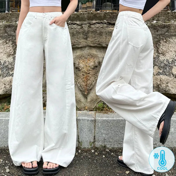 Cool Pants High-waisted Wide-Leg Pants with Side Slits Cool Ice Elastic Waist Long Wide Body Shaping Pants