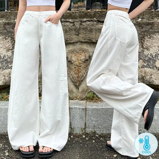 Cool Pants High-waisted Wide-Leg Pants with Side Slits Cool Ice Elastic Waist Long Wide Body Shaping Pants