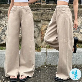 Cool Pants High-waisted Wide-Leg Pants with Side Slits Cool Ice Elastic Waist Long Wide Body Shaping Pants