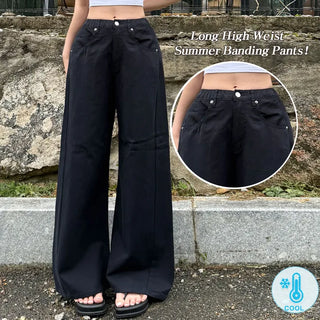 Cool Pants High-waisted Wide-Leg Pants with Side Slits Cool Ice Elastic Waist Long Wide Body Shaping Pants