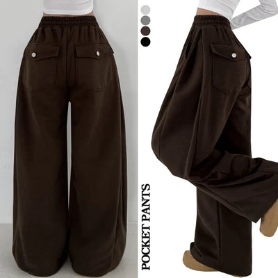 Back Pocket/Side Pintuck  Autumn Side Pintuck 3D Pocket High-Waisted Elastic String Wide Pants Winter Petite Pants