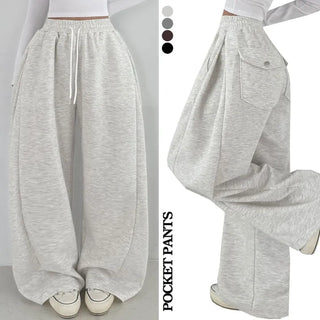 Back Pocket/Side Pintuck  Autumn Side Pintuck 3D Pocket High-Waisted Elastic String Wide Pants Winter Petite Pants