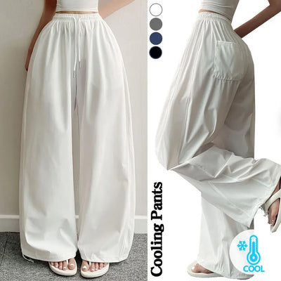 Summer Cooling Summer  High-Waisted Ice Side Slit Wide Long Pants Cool Elastic Waist Summer Cooling Fabric Pants