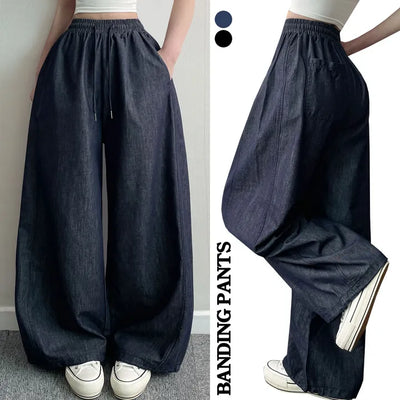 High-waisted Elastic Denim Long Wide Pants Summer Hem Snap Two-way Raw Denim Non-Fade Cool Jeans