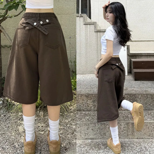 Buckle Back-Point Bermuda Cotton Shorts Summer Shorts Lower Body Coverage Summer Elastic Waist Wide Pants