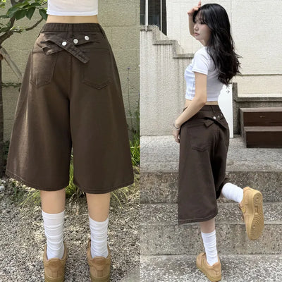 Buckle Back-Point Bermuda Cotton Shorts Summer Shorts Lower Body Coverage Summer Elastic Waist Wide Pants