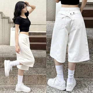 Buckle Back-Point Bermuda Cotton Shorts Summer Shorts Lower Body Coverage Summer Elastic Waist Wide Pants