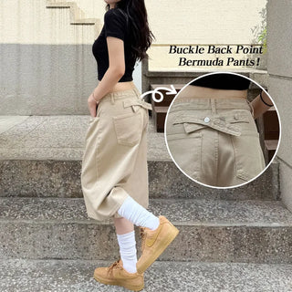 Buckle Back-Point Bermuda Cotton Shorts Summer Shorts Lower Body Coverage Summer Elastic Waist Wide Pants