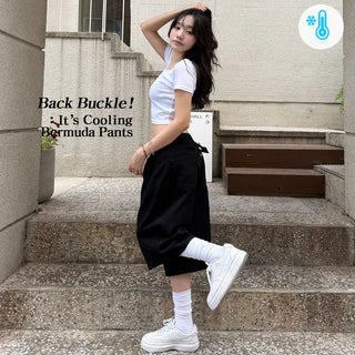 Buckle Back-Point Bermuda Cotton Shorts Summer Shorts Lower Body Coverage Summer Elastic Waist Wide Pants